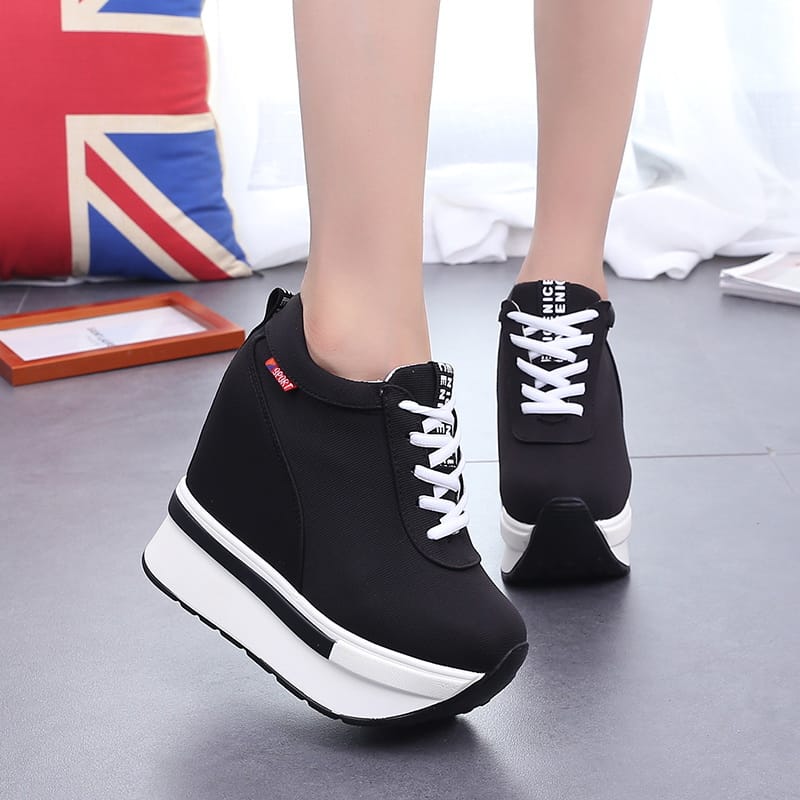 Summer Women Sneakers Fashion Height Increasing Breathable Lace-Up Wedges Sneakers Platform Shoes Canvas Woman Casual Shoes 11cm