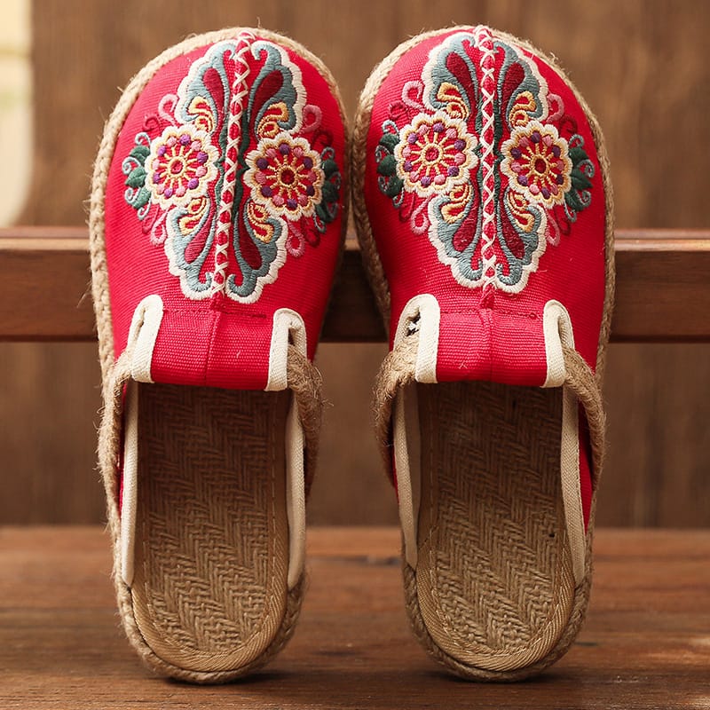 2023Women Casual Linen Handmade Embroidery Mules Flat Slippers Retro Vegan Summer Ladies Canvas Comfortable Espadrille Shoes