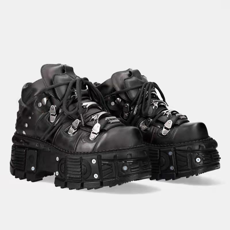 Punk Heavy Metal Leather Female 2023 Gothic Dark Lace Up Muffin Hipster Rivet Motorcycle Platform Shoes Women