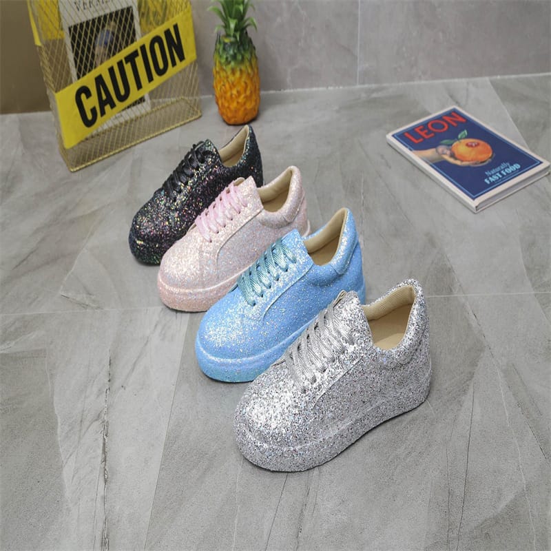 Women Flat Glitter Sneakers Casual Female Mesh Lace Up Bling Platform Comfortable Vulcanized Shoes 2024 Soft Knitting Loafers