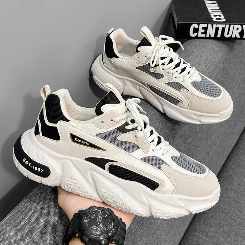 Thick Sole Versatile Clunky Sneaker For Men 2024 New Trend Mesh Lace Up Breathable Casual Sports Shoes Increased Soft Soles