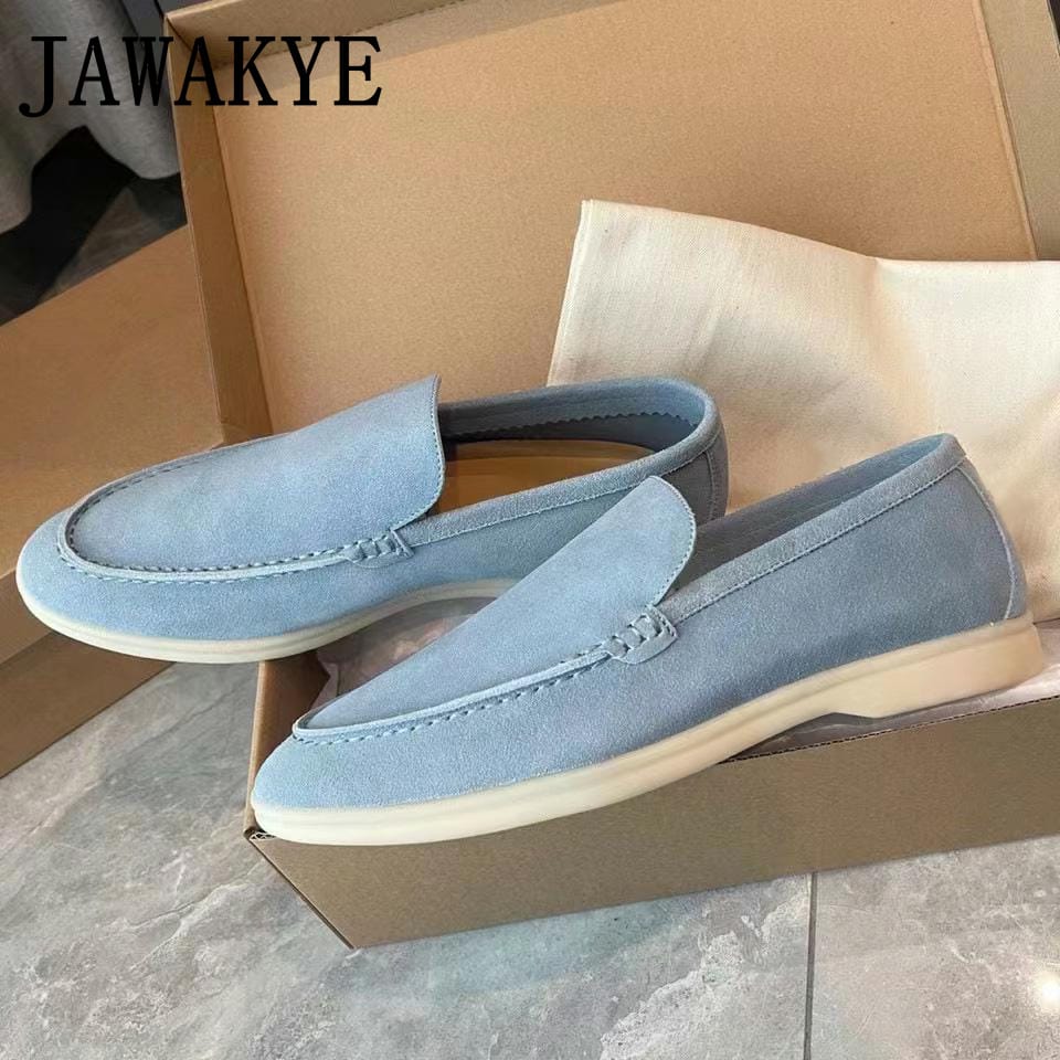 JAWAKYE Men Flat Loafers Shoes Summer Walking Casual Shoes Suede Shallow White Rubber Sole Mules Soft Slip on Men Shoes Low Top