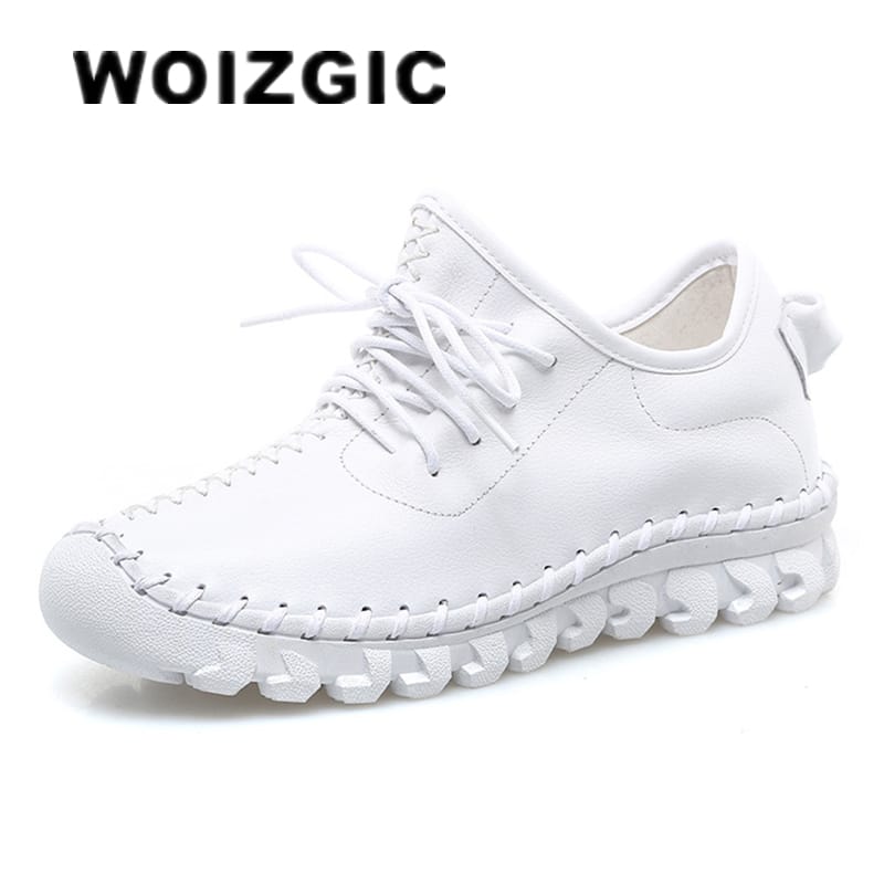 WOIZGIC Women Female Genuine Leather White Shoes Flats Loafers Lace Up Sports Breathable Vulcanized Shoes Plus Size 41 42