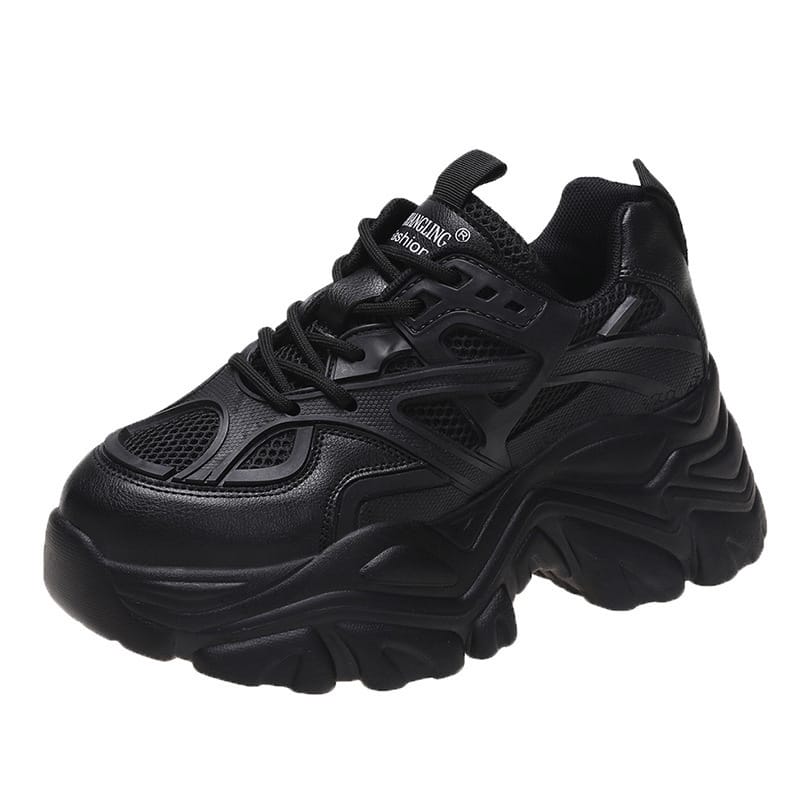The New Fashion Platform Sport Shoes for Women 2023 Summer Black Casual Chunky Sneakers Women Mesh Leather Platform Shoes