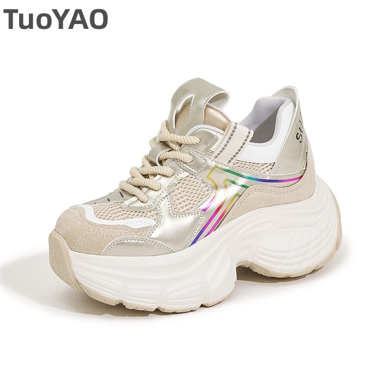 8.5cm Air Mesh Genuine Leather White Sneakers Women Platform Shoes Wedge Pumps Hidden Heel Breathable Female Casual Shoes Spring