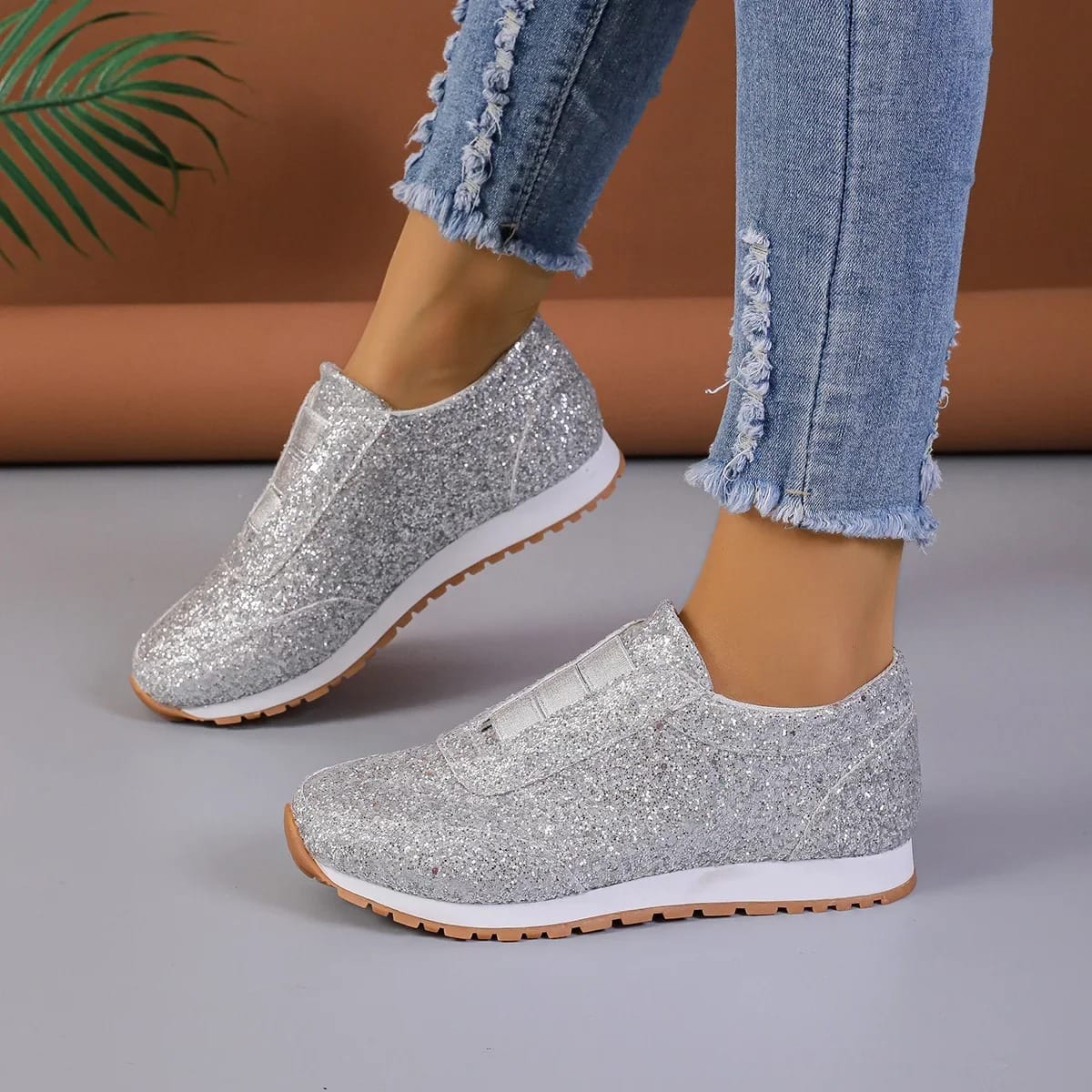 New Women'S Casual Flash Mesh Flat Shoes Woman Sequin Vulcanized Shoes Lace Up Sports Shoes Female Outdoor Sports Running Shoes