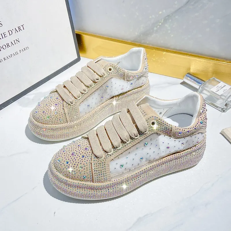 Women's Pumps 2024 Summer Water Diamond Mesh Hollow Casual White Shoes Breathable Thick Sole Sports Sizes 35-40 Vulcanize Shoes