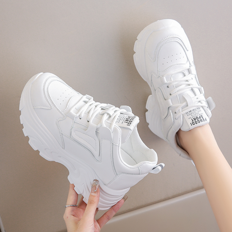 White Platform Women's Sneakers 2023 Autumn Lace-Up Thick Bottom Sports Shoes Woman Pu Leather Breathable Walking Shoes Female