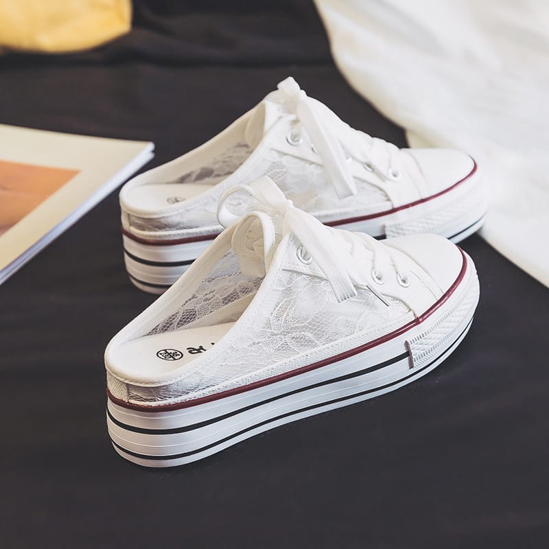 Lace Increases Canvas Shoes for Women 2024 Breathable Baotou Wears Semi-slippers Without Heels Thick Soles Small White Shoes