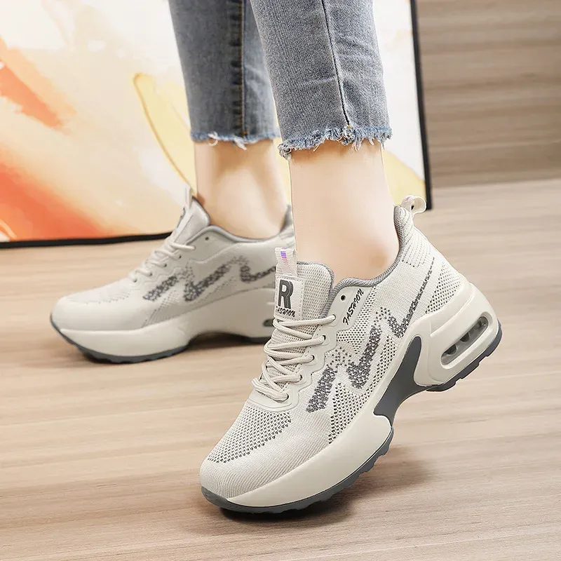 Women Fashion Air Cushion Platform Sneakers  Breathable Mesh Lace Up Wedge Sport Shoes Comfort Travel Casual Shoes