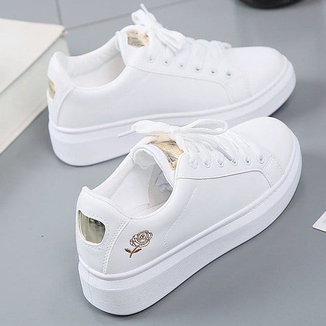 Women's Sneakers PU Leather Thick Bottom Lace Up Board Shoes Embroidered Flower Outdoor Running Sports Casual Versatile 2024