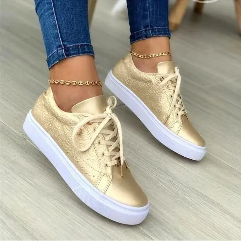 Rose Gold Women Vulcanized Shoes Solid Color Low-heeled Flat Casual Shoes with Golden Buttons 2024 New Lace Up Female Sneakers