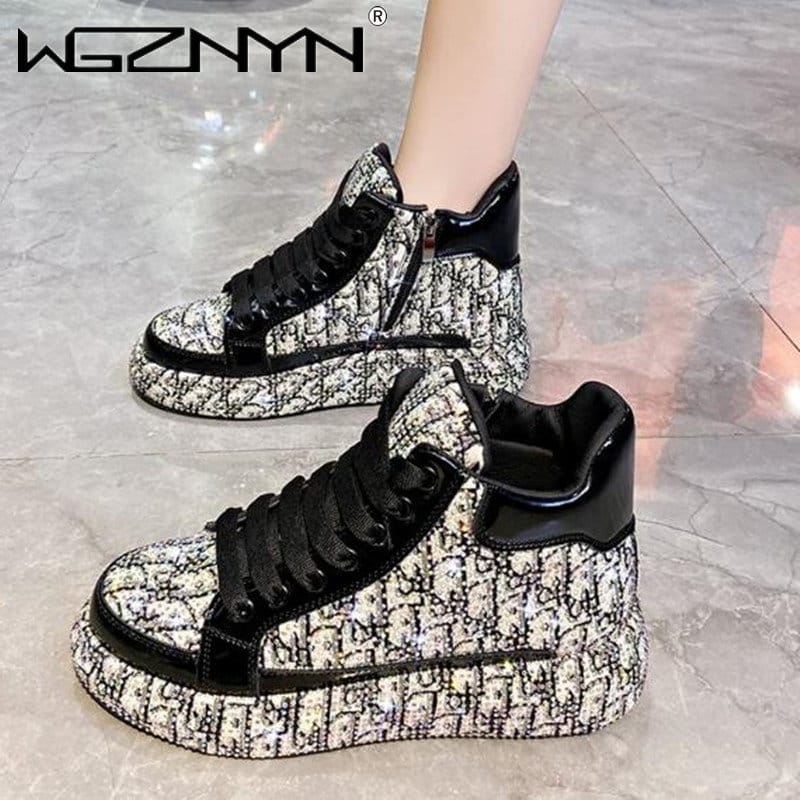 Women Luxury Vulcanized Shoes Sneakers Bling Rhineston Wedges Thick Bottom Lace Up Breathable Casual Sport Shoe For Female 35-40