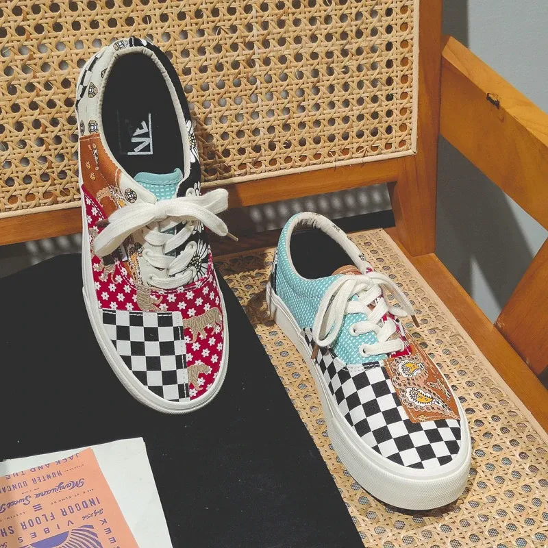 Sneakers Women's Canvas Plaid Mixed Colors Casual Shoes Flat Couple Casual Sneakers Low-cut Men and Woman Shoes Tennis Female