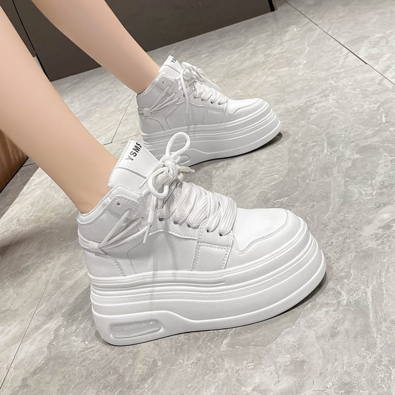 Black White Color Matching Sneakers for Women's Spring Autumn Lace Up 8cm Thick Bottom Elevated Sponge Casual Sports Shoe