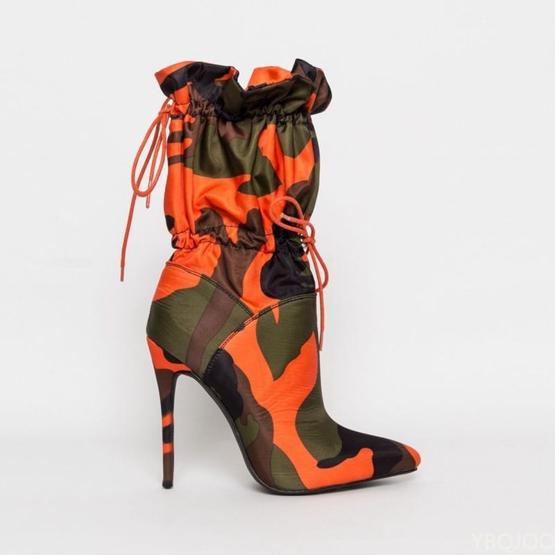 2022 Spring High Heels Pointed Toe Mid Calf Boots for Women Fashion Camouflage Print Stiletto Lace Up Women's Shoes Botas Mujer