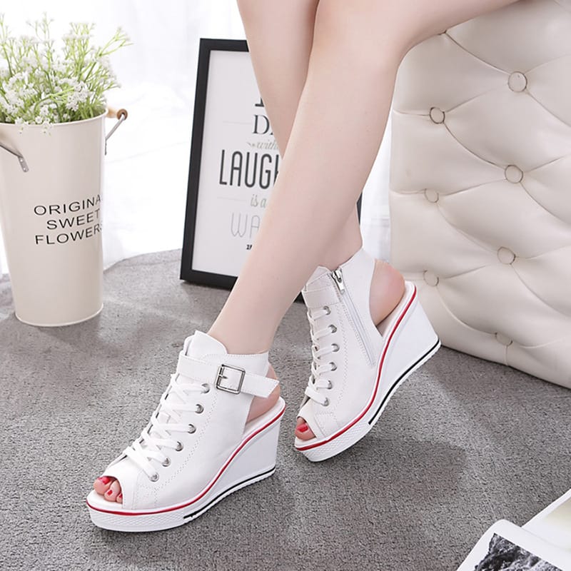 Spring Summer Women's Height Increasing Platform Canvas Fish Mouth Shoes Open Toe Hollow Canvas Wedge Shoes Zapatos Para Mujer