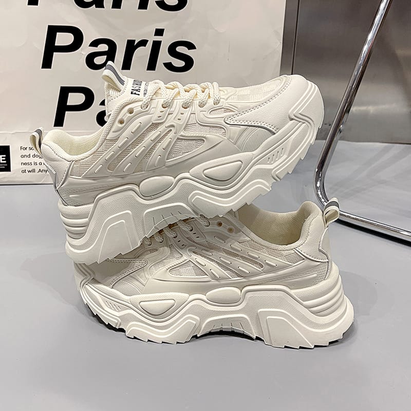 Sweet Chunky Sneakers Women PU Autumn Lace up Mid Heels Round Toe Solid Shoes for Women Platform Vulcanize Shoes Plus Size