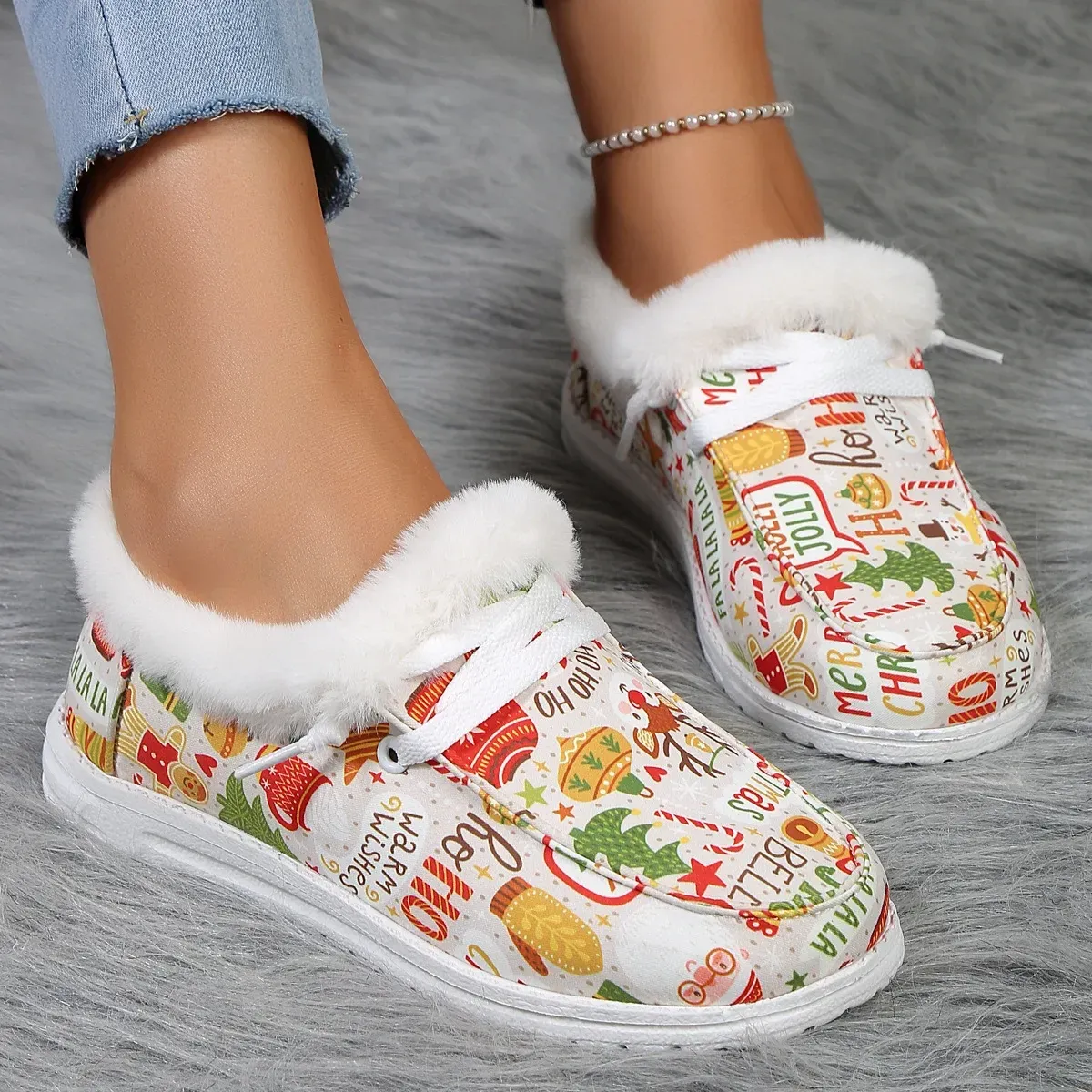 Winter Ladies Flat Snow Boots Women Christmas Print Women Cotton Shoe Short Plush Ankle Booties Festival Ladies Loafers 20274
