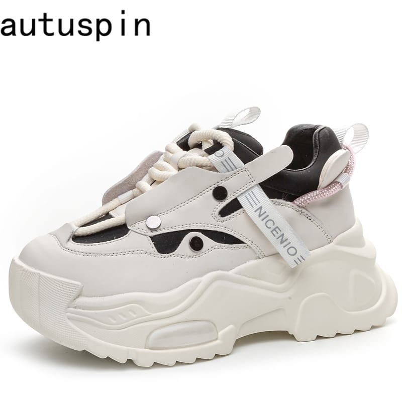 AUTUSPIN 6cm New Chunky Sneakers Shoes in Autumn Women Fashion Flats Platform Wedge Genuine Leather Fashion Vulcanized Shoes