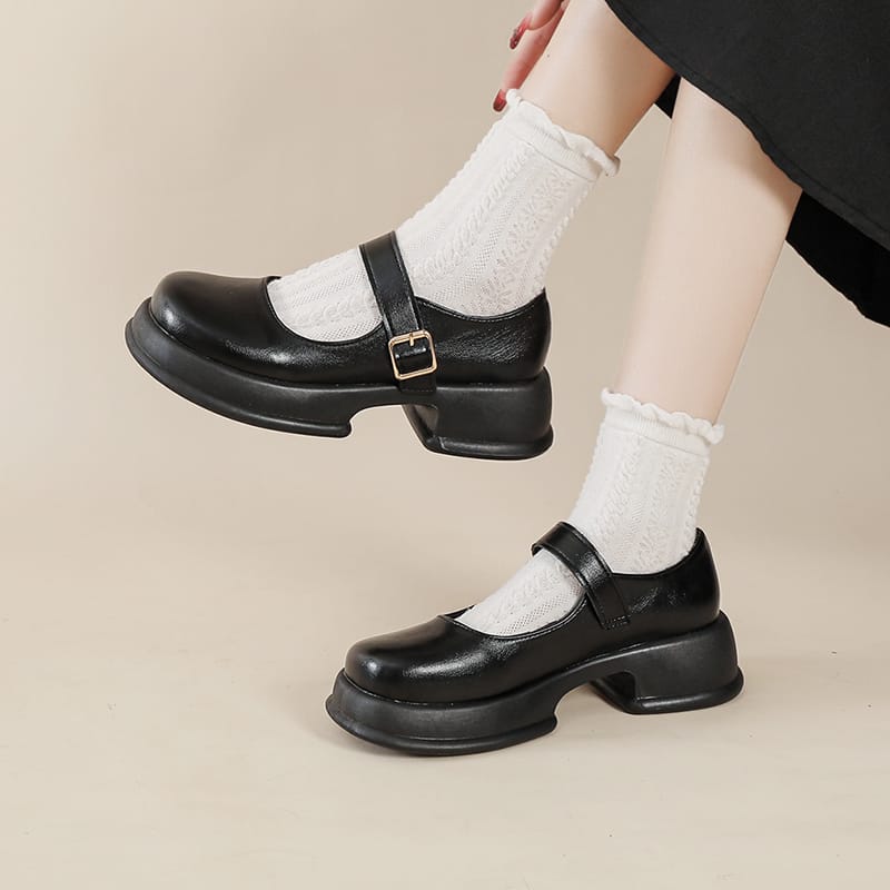 Women Lolita Mary Jane Shoes 2023 Spring Metal Buckle Platform Shoes for Women Black JK Black Dress Soft Leather Student Shoes