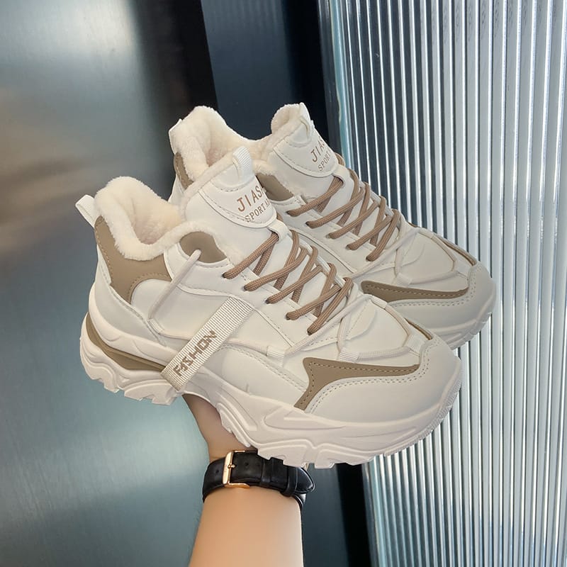 Winter Plus Velvet Dad Shoes for Women's Korean Version Warm High-top Lace Up Sneakers Ladies Casual White Cotton Shoes