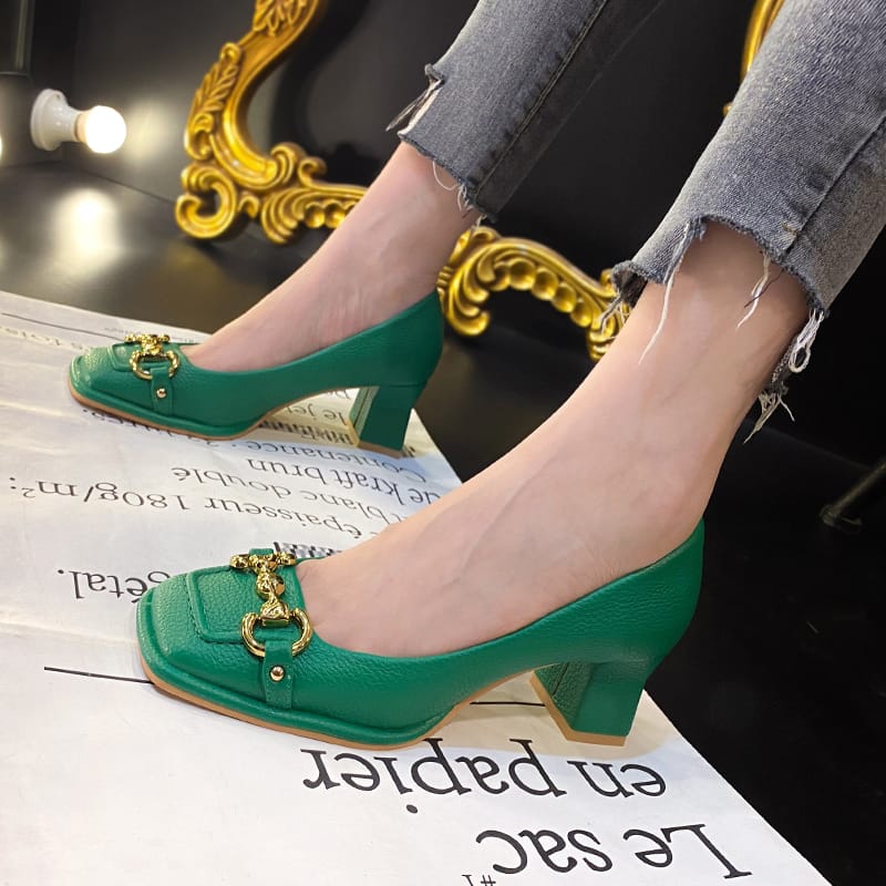 Metal Buckle Temperament High Heels Women's 2023 New Fashion Thick Heel Mary Jane Small Leather Shoes Square Toe Shoes