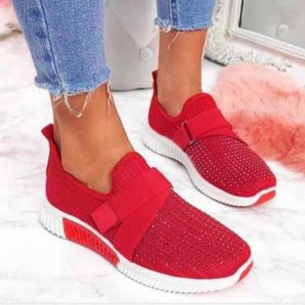 Ladies Casual Shoes 2024 Summer Fly Weave Rhinestone Flats Shoes Running Walking Mesh Breathable Slip On Flats Women Shoes