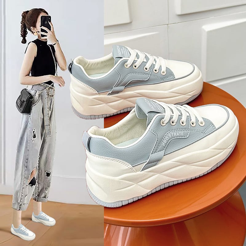 2023 Korean Version Summer and Autumn New Style White Shoes Ins Fashion Lace Up Thick Soled Student Movement Casual Shoes Street