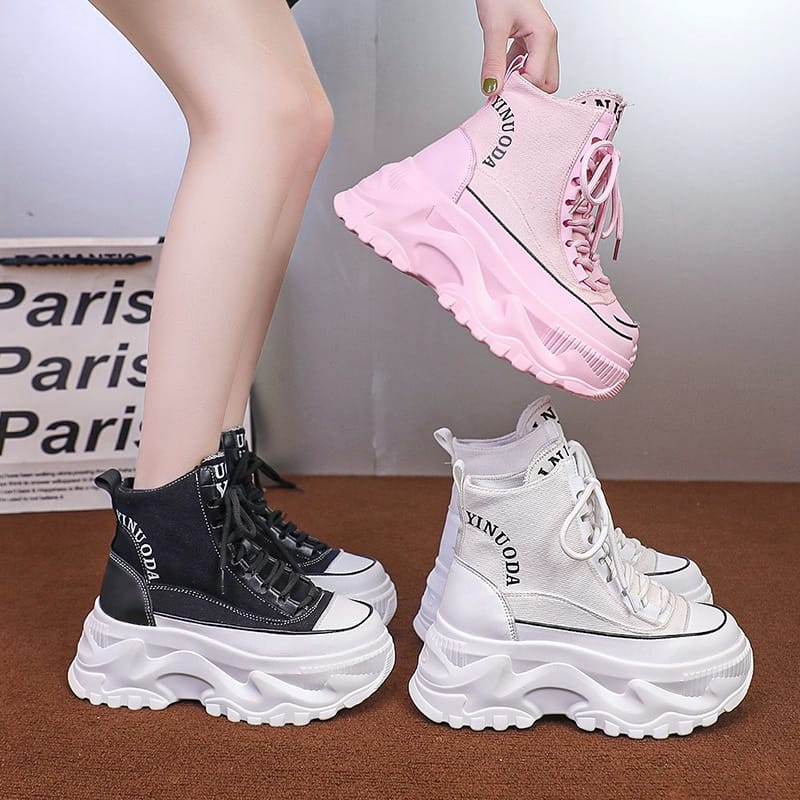 Women Sneakers High Top Platform Breathable Leather Shoes 2023 Autumn Ladies Wedges Casual Shoes For Woman Sports Dad Shoes 8CM