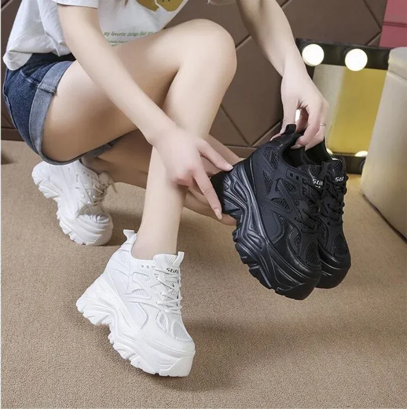 Spring Autumn Breathable Mesh Sneakers Hidden Increasing Sport Shoes Woman Wedge Casual Chunky Shoes High Platform Shoes 9CM