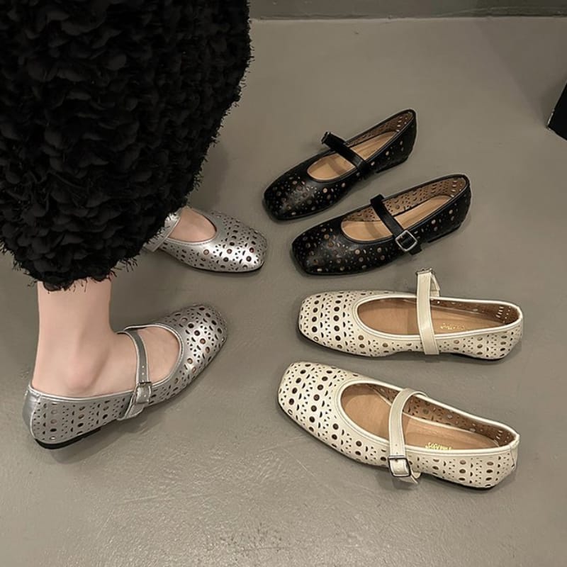 Women Square Toe Shoes Summer Elegant Solid Colour Buckle Hollow Casual Non-slip Lightweight Slip on Loafers Sapato Feminino