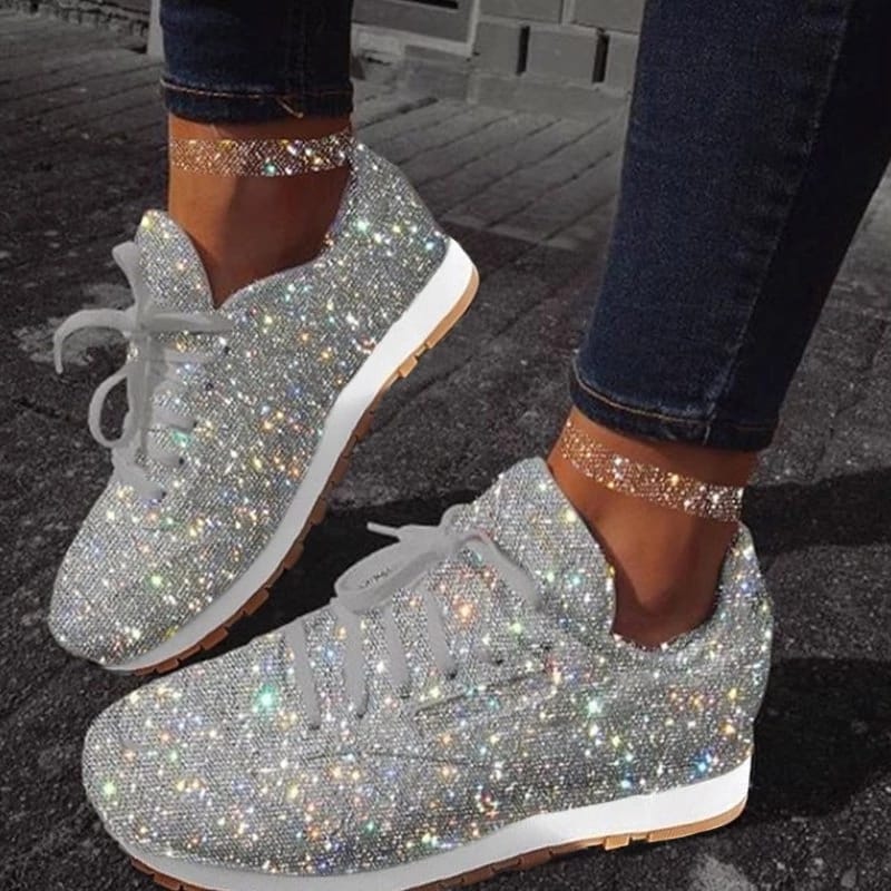 Summer Women Casual Glitter Shoes Mesh Flat Shoes Ladies Sequin Vulcanized Shoes Lace Up Sneakers Outdoor Sport Running Shoes