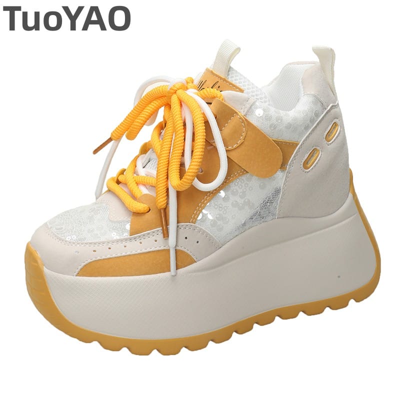 High Platform Sneakers 10CM Wedge Heels Leather Walking Shoes Woman New Autumn Vulcanize Shoes Breathable Mesh Chunky Sneakers