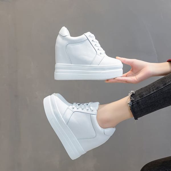 Women's Chunky Sneakers Split Leather Casual Women Shoes White Black Sneakers 2021 Spring Autumn Hidden Heel Woman Chunky Shoes