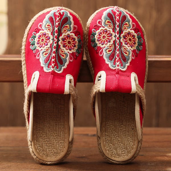 2023Women Casual Linen Handmade Embroidery Mules Flat Slippers Retro Vegan Summer Ladies Canvas Comfortable Espadrille Shoes