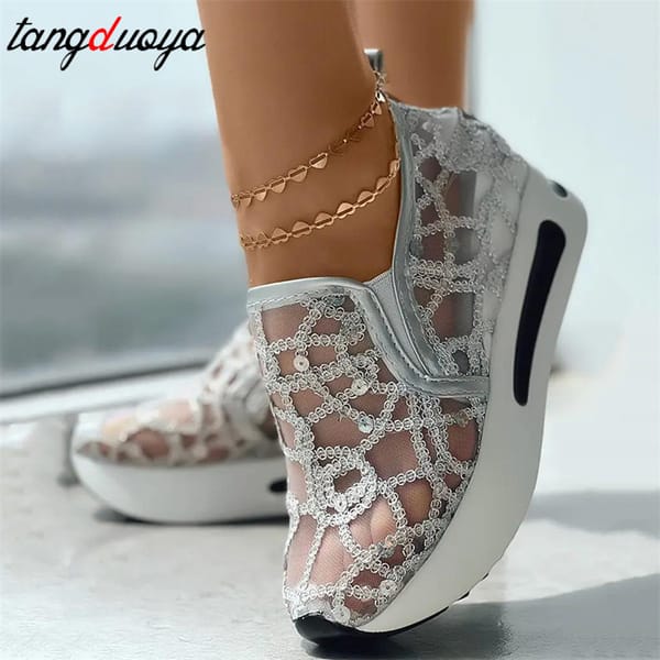 Female Wedge Shoes Sequin Mesh Breathable Shoes Women Gold Silver Platform Sneakers Women Height Increasing Wedges Shoes Casual