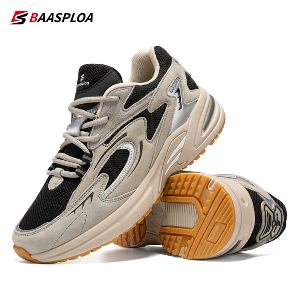 Baasploa Men's Running Shoes Leather + Mesh Breathable Non-Slip Men's Outdoor Sports Lightweight Running Basketball Shoes