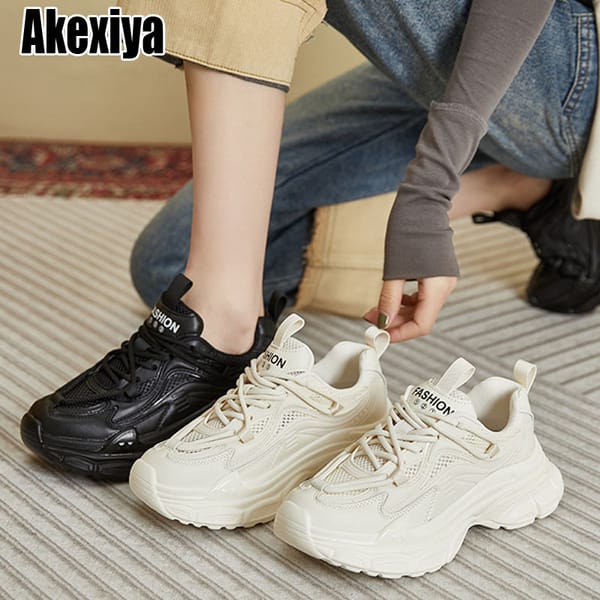 New Genuine leather Chunky Sneakers Casual Vulcanized Shoes Woman High Platform Sneakers Lace Up White Sneakers Women 2023