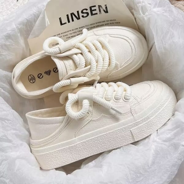 2023 New Lace-up Vulcanized Shoes Autumn Women's White Canvas Sneaker All-match Round Toe Flat Casual Outdoor Running Zapatillas