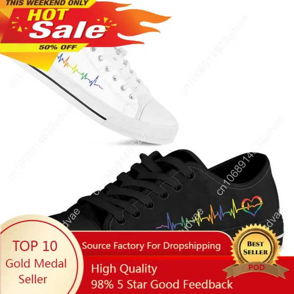LGBT Pride Heartbeat Black Women Canvas Low Top Vulcanized Sneakers Rainbow Lace-up Flat Shoes Zapatos Mujer Designer