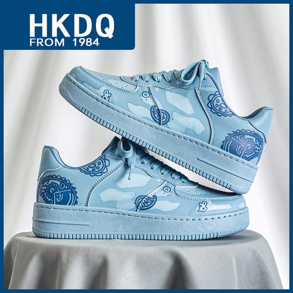 HKDQ Fashion Print Blue Men's Skateboard Shoes Leather Breathable Man Casual Sneakers Platform Non-slip Men Skateboarding Shoes
