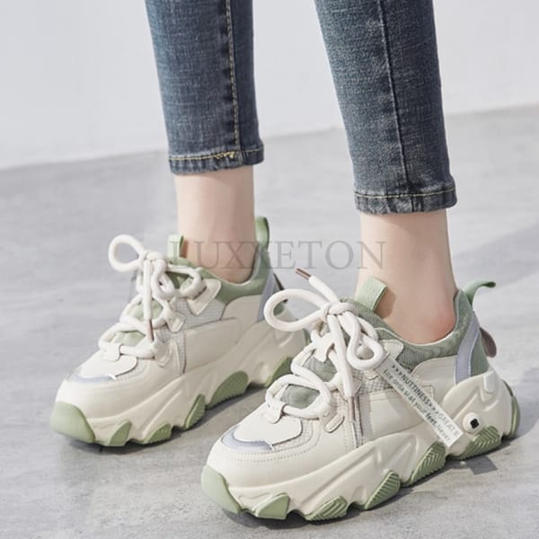 Genuine Leather Thick Sole Sponge Cake Sole Mesh Breathable Dad Shoes Casual Comfortable Versatile Lightweight Shoes