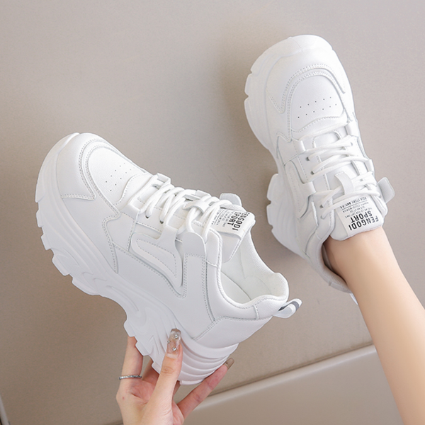 White Platform Women's Sneakers 2023 Autumn Lace-Up Thick Bottom Sports Shoes Woman Pu Leather Breathable Walking Shoes Female