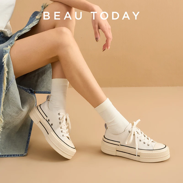 BEAUTODAY Canvas Shoes Women Genuine Cow Leather Solid Color Spring Outdoors Lace-up Ladies Shoes Handmade 29248