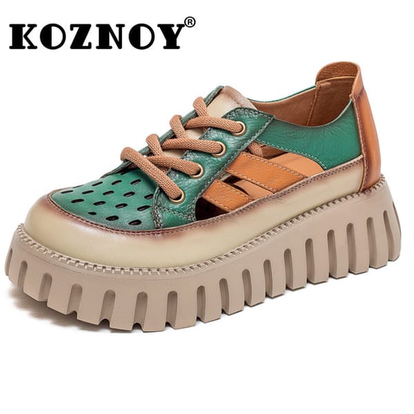 Koznoy Women Summer Shoes 5cm New In Boots Cow Genuine Leather Heels Pumps Pils Mules Luxury Platform Mixed Color Hollow Fashion