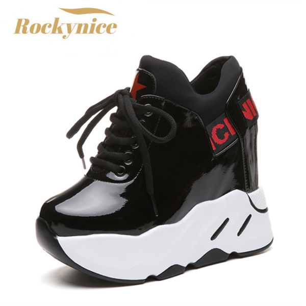Autumn Women Platform Shoes Wedge Heels 12 CM Casual Shoes Height Increasing White Black Sneakers Women Leather Shoes New 2022