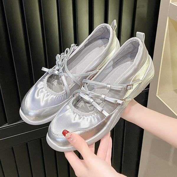 Silver Mary Jane Shoes for Women Sneakers Fashion Bowknot Cross Belt Buckle Casual Shoe Lady Soft Leather Platform Walking Flats