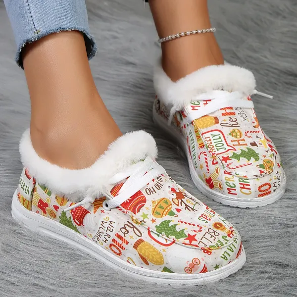 Winter Ladies Flat Snow Boots Women Christmas Print Women Cotton Shoe Short Plush Ankle Booties Festival Ladies Loafers 20274