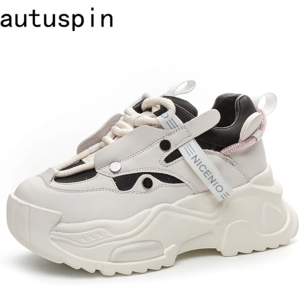 AUTUSPIN 6cm New Chunky Sneakers Shoes in Autumn Women Fashion Flats Platform Wedge Genuine Leather Fashion Vulcanized Shoes